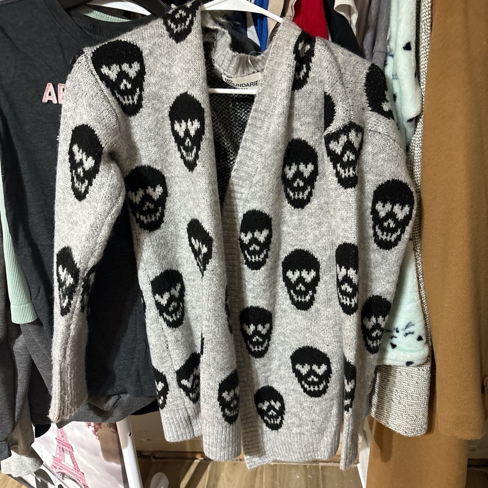 Gray Cardigan with Black Skull Design